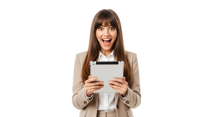 Excited Business Woman Holding Tablet Device Technology Success Celebration Concept