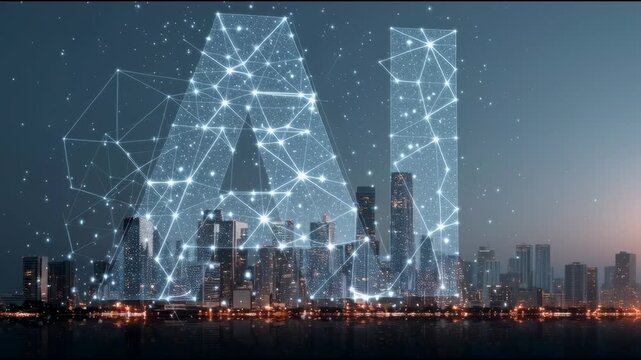 A hologram of AI data network taking over a corporate office skyline, visualizing digital transformation and employment crisis.