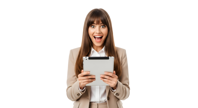 Excited Business Woman Holding Tablet Device Technology Success Celebration Concept
