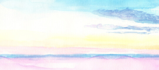 水彩で描いた澄んだ空と海の風景イラスト