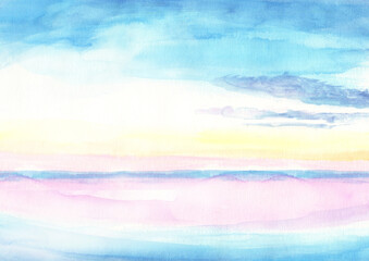 水彩で描いた澄んだ空と海の風景イラスト