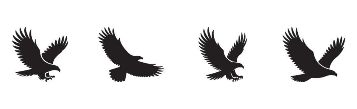 Flying eagle silhouette vector set, majestic bird in flight, wildlife freedom concept, nature symbol, predator illustration for logo, tattoo, poster, and graphic design