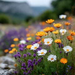 Obraz premium Vibrant Field of Colorful Wildflowers in Full Bloom under a Bright Blue Sky