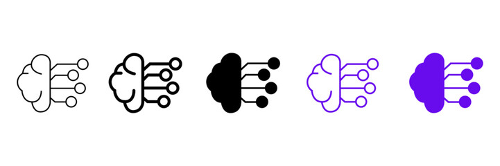 Set of minimalist AI brain icons with transparent background, symbolizing artificial intelligence, machine learning, neural network, data processing, and digital technology illustration.