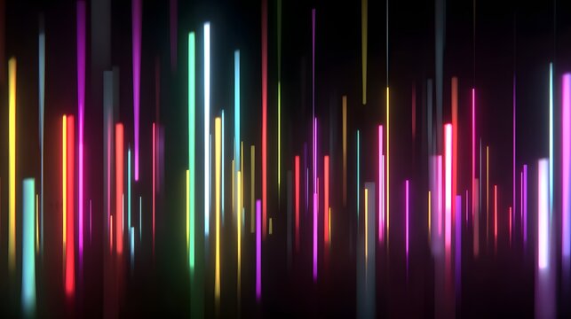 Neon lights illuminate a dark background with colorful vertical lines.