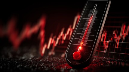 Thermometer glowing red against rising financial chart background representing economic overheating and inflation surge pressure
