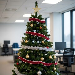 Festive Christmas Tree in Modern Office Setting for Holiday Season.