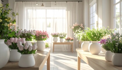 Fototapeta premium 花瓶に入った花がたくさん飾られた部屋