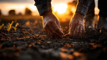 Farmer's hands sow seeds in rich soil at sunset.