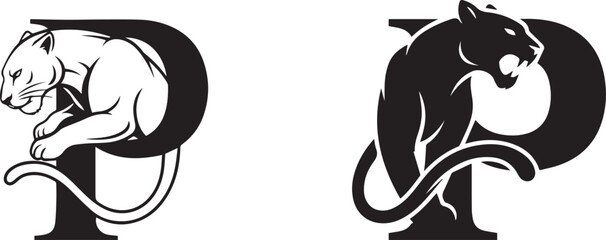 Monochrome Stylized Letter P and Panther Animal Logo Designs