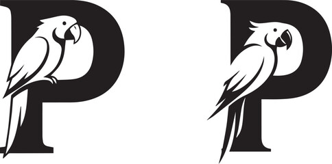 Black and White Graphic Logo with Stylized Parrot and Letter P