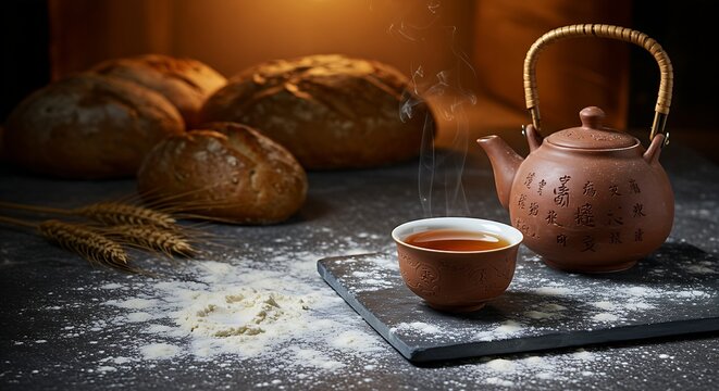 A traditional Chinese tea set with a cup of steaming oolong tea, placed on a slab of polished grey slate, gently dusted with white flour in a rustic bakery. Unbaked loaves and soft oven light.