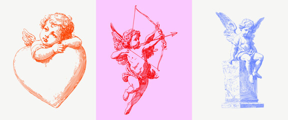Elegant vintage cupid angels with heart, bow, and statue. Pencil illustrations for Valentine cards, romantic decor, classical art design projects.