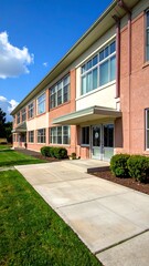 Modern School Building Exterior on a Sunny Day.