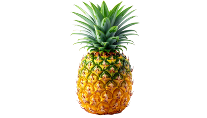 A whole pineapple with a spiky crown, set against a dark background. The skin has yellow, orange, and green tones