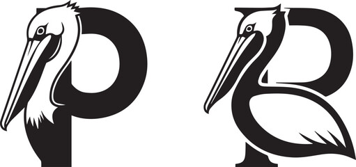 Monochromatic Graphic Pelican Design with Alphabet P and R