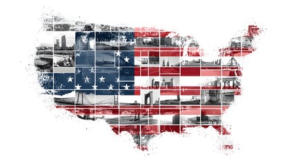 Composite map of the United States formed by flag colors and diverse scenes.