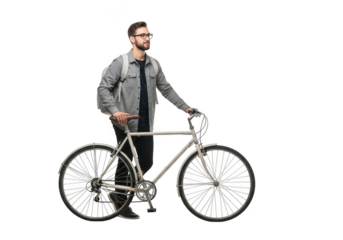 Man with bicycle and backpack isolated on transparent background