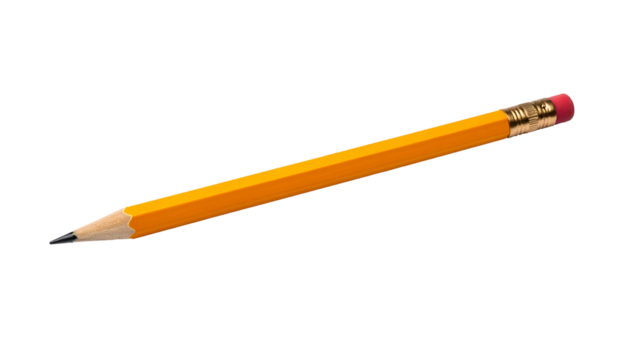 Angled yellow pencil with eraser on a black background, isolated for use, writing, and drawing