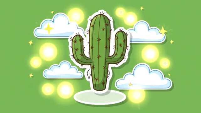 Cartoon cactus with clouds and stars on a green background