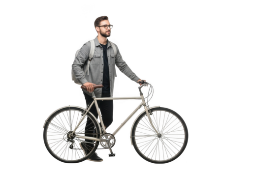 Man with bicycle and backpack isolated on transparent background