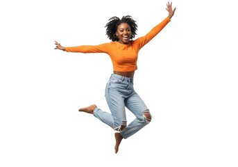 Young woman jumping in the air isolated on transparent background