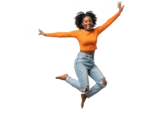 Young woman jumping in the air isolated on transparent background