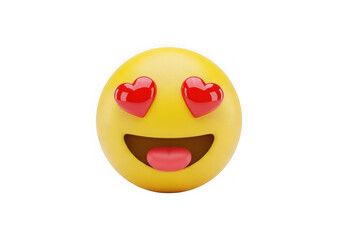 Fototapeta premium Yellow smiley face emoji with heart shaped eyes and open mouth isolated on transparent background