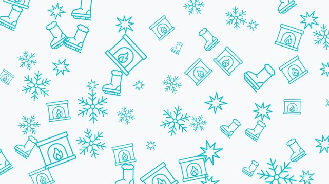 Seamless winter pattern with snowflakes, boots, and fireplaces ideal for holiday designs. Perfect for festive backgrounds, stationery, and clothing.