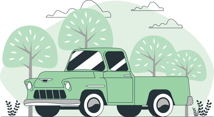 Vintage green pickup truck parked in a park with trees retro classic © Kaylash