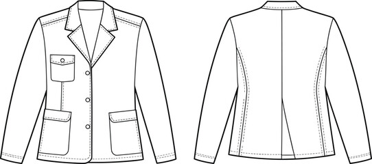 Tailored jacket technical flat sketch, front and back view, fashion design template, garment construction drawing, apparel illustration for pattern making