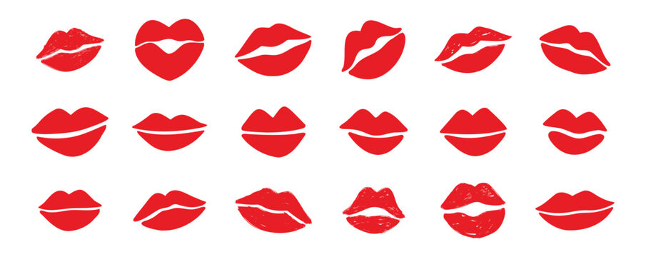 lips kiss clipart. lips kiss hand drawn silhouette symbols. Decor red lips cartoon drawing elements set