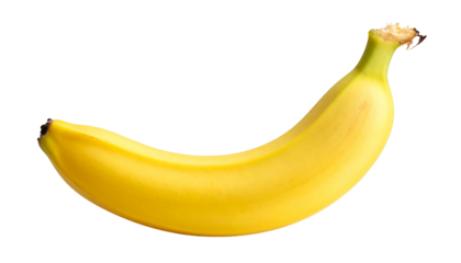 Bright yellow banana, slightly curved, isolated against a solid black background, shows some small brown spots on stem