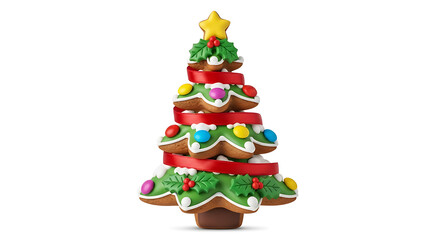 Gingerbread Christmas Tree Decorated with Red Ribbon and Candies