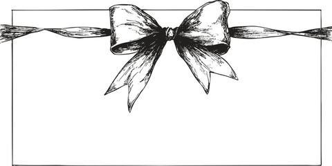 Horizontal pen draw bow ribbon border in detailed sketch. Vector crayon Christmas cards, invitations, festive graphic templates.
