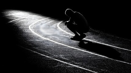 Lone athlete pauses on a wet track in dramatic spotlight.