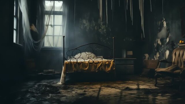 Abandoned bedroom with a metal bed torn curtains and debris