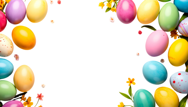 Colorful easter eggs border a black background with yellow & pink blossoms, creating a festive springtime composition