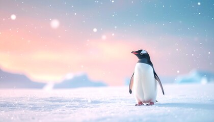 Fototapeta premium 雪の上のペンギン、コピースペース