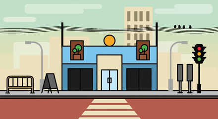 Cartoon city street scene with building and traffic lights art
