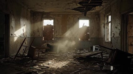 Sun beams lighting dusty abandoned room ruin debris broken furniture - Powered by Adobe