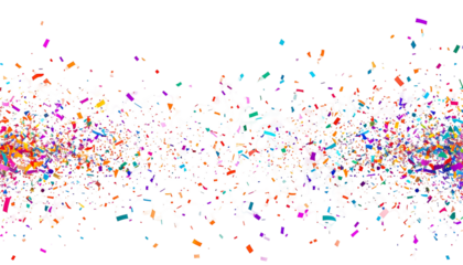 Abstract explosion of colorful pixelated confetti against a stark black background with a white space in the center