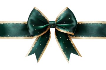 Realistic green satin ribbon bow with gold trim and small gold dots isolated on transparent background