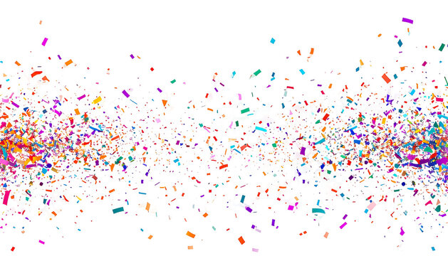 Abstract explosion of colorful pixelated confetti against a stark black background with a white space in the center - Powered by Adobe