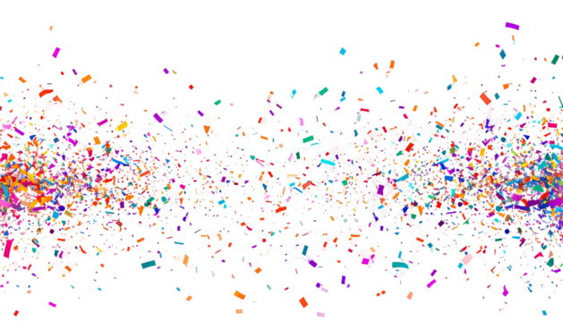 Abstract explosion of colorful pixelated confetti against a stark black background with a white space in the center