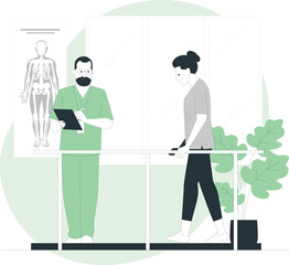 Physical therapist observing a patient walking on parallel bars with a skeleton chart physical therapy