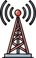 Red topped communication tower with radiating signal waves and abstract geometric shapes antenna