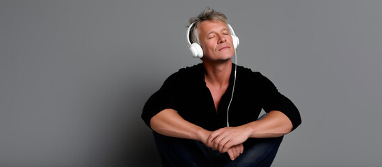 Relaxed man sitting with headphones enjoying music on gray background