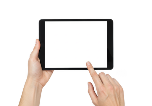 Hand holding tablet computer isolated on transparent background