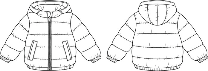 Puffer jacket technical flat sketch, front and back view, hooded winter coat design, quilted outerwear fashion CAD drawing flat vector illustration
